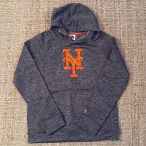 New York Mets Gray Orange Logo Pullover Hoodie Fleece Lined Sweatshirt Majestic
